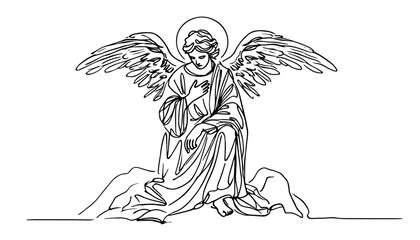 kneeling angel with wings and halo in line art style black engraving vector
