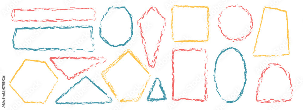 Poster brush stroke kids geometric shapes set. text boxes paint textured thin line frames pack. rounded and