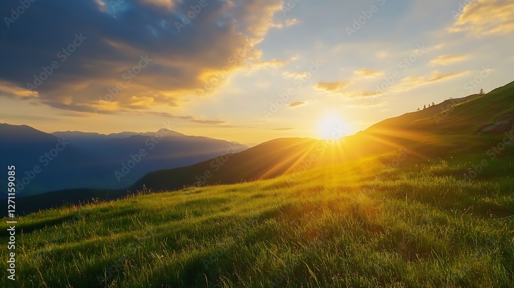 Poster Breathtaking sunset illuminating rolling hills and grassy fields with vibrant colors : Generative AI