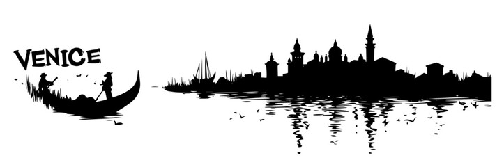 Naklejka premium venice skyline with gondola reflection in silhouette black vector