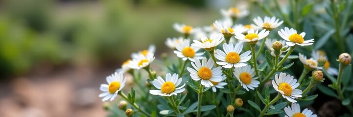 Obraz premium Santolina chamaecyparissus in full bloom with white flowers and yellow petals, santolina, Mediterranean, silvery foliage