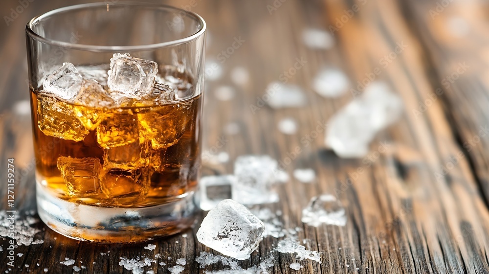 Poster luxurious glass of whiskey on wooden table accompanied by ice cubes and rustic decor : generative ai