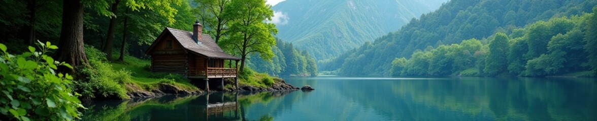 Obraz premium Dense foliage surrounding a secluded wooden cabin by a peaceful lake, natural, cabin,