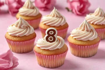 Delicious cupcakes with white frosting and a number 8 design on top