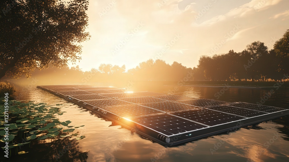 Poster ai-controlled floating solar farm that adjusts to optimize sunlight capture
