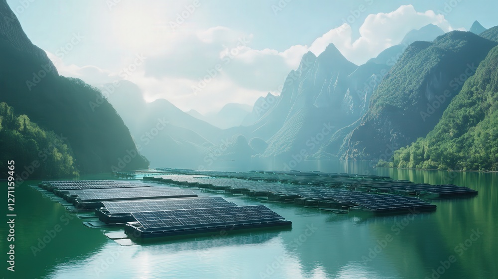 Poster ai-controlled floating solar farm that adjusts to optimize sunlight capture