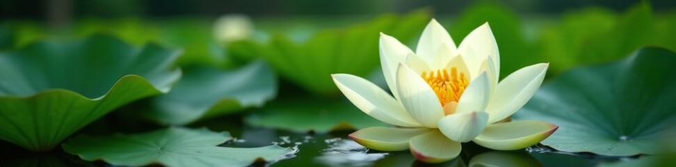 Obraz premium White and yellow lotus flower in the water with green leaves, garden, water, leaves