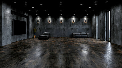 Fototapeta premium Dark modern living room, concrete walls, wood floor