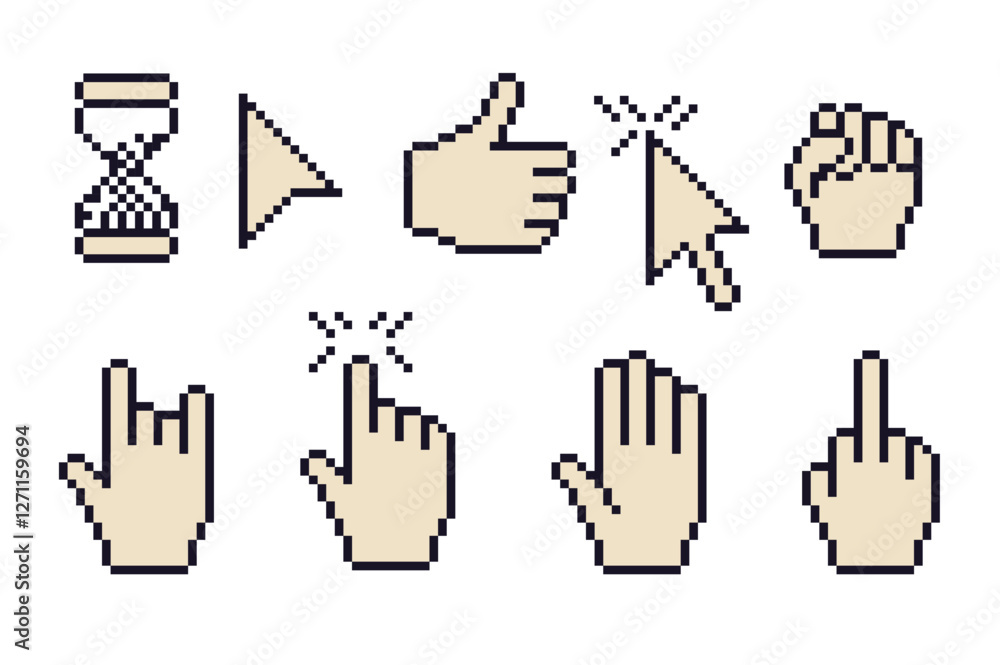Poster pixel art retro cursors, hands. 8 bit pointers, arrows and hourglass. vintage nostalgic interface si
