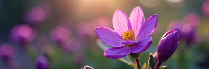 Fototapeta premium Radiant purple blooms bursting forth from tight bud shells, blooming, springtime, expanding