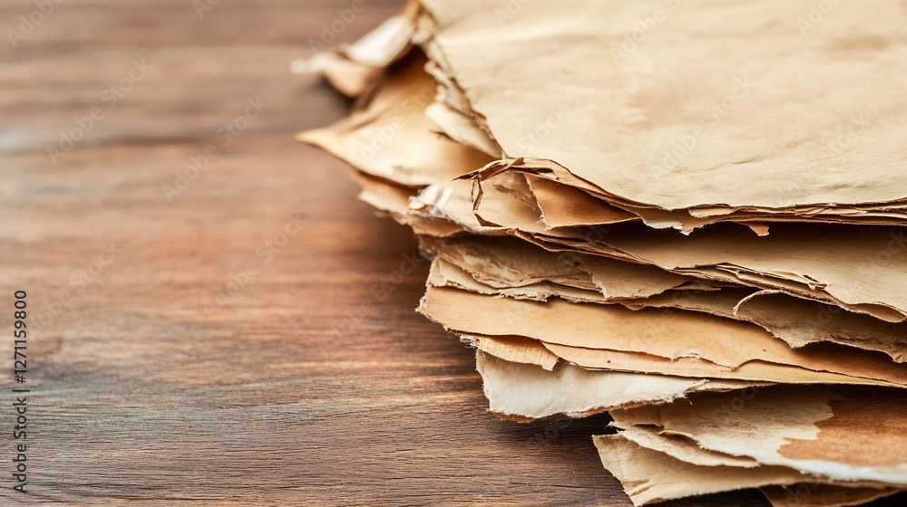Poster stack of aged crumpled brown paper sheets on a wooden surface representing nostalgia and history : g