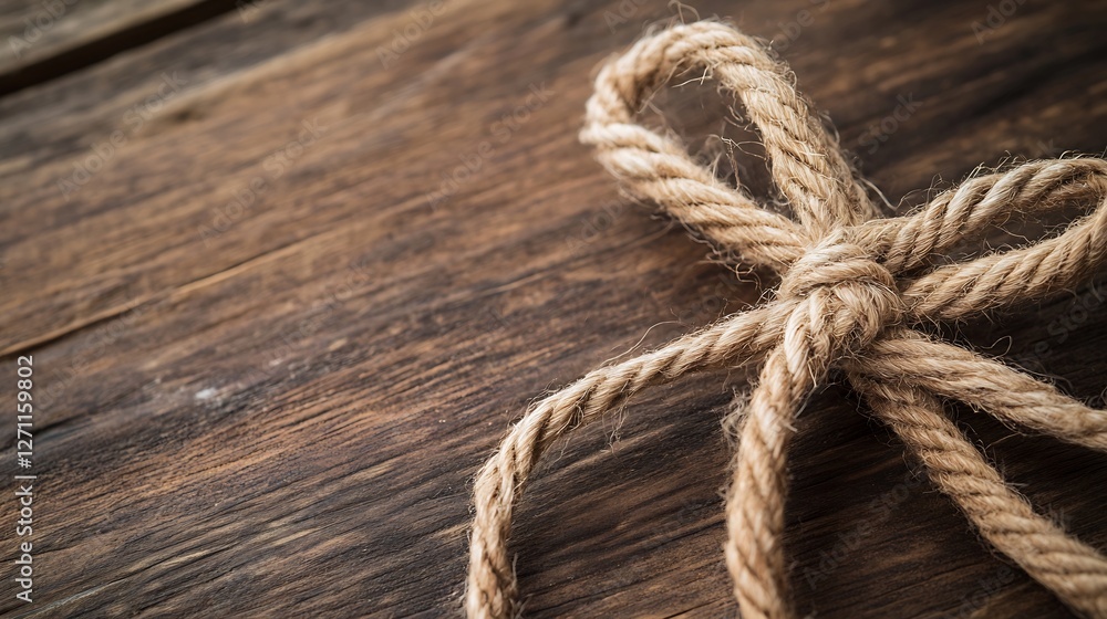 Poster closeup of tied rustic twine rope shaped in a bow on a wooden surface for crafting and decoration : 