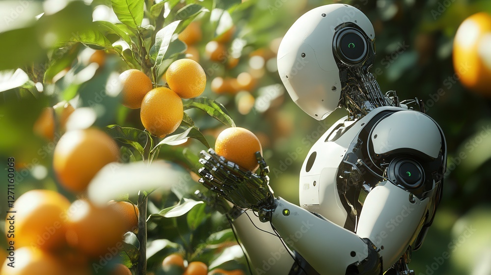 Aufkleber ai-driven orchard where robots gently pick ripe fruits without damage