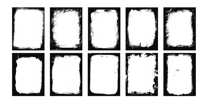 Grunge frames set templates. Ink paint border with rough edges for poster and banner. Retro textured overlays. Rectangular old black abstract flyer backgrounds. Vector design illustration.