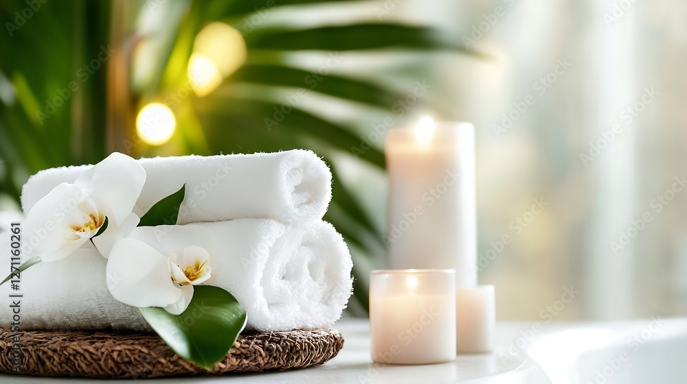 Aufkleber serene spa setting with fresh towels and candles surrounded by tropical plants : generative ai