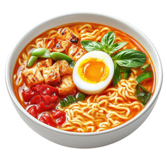 Isolated Ramen Soup Bowl with Tofu, Egg, and Fresh Greens