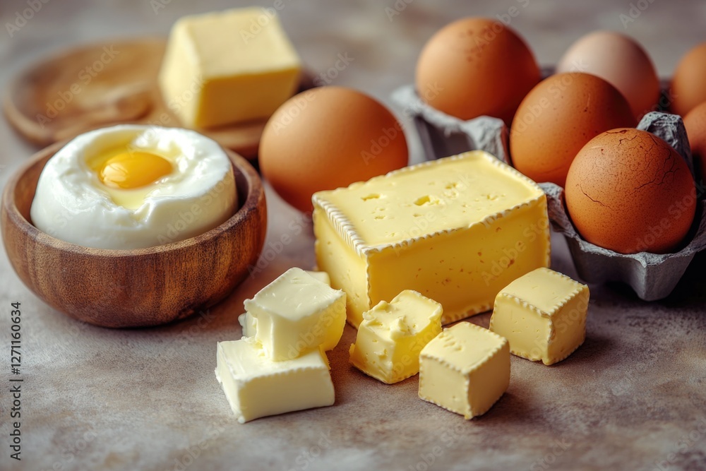 Poster a simple breakfast setup with eggs and cheese on top, served alongside a bowl of eggs