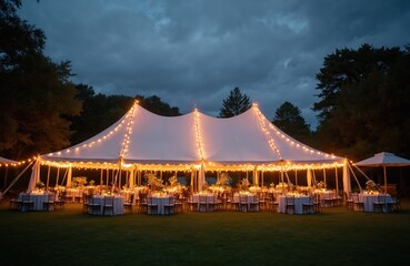 Outdoor wedding reception under illuminated tent at night. Tables adorned with flowers, candles for dining. Elegant event venue surrounded by dark trees on lawn. Romantic atmosphere for celebration.
