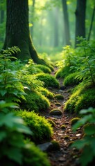 Fototapeta premium Trampled grass and moss in a shaded forest glade amidst ferns, greenery, vegetation