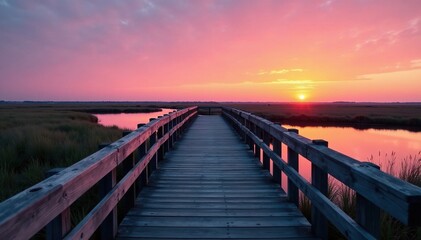 Fototapeta premium Wooden bridge spans wide marsh at dusk with soft pink sunset, cape cod, wooden bridge, sunset