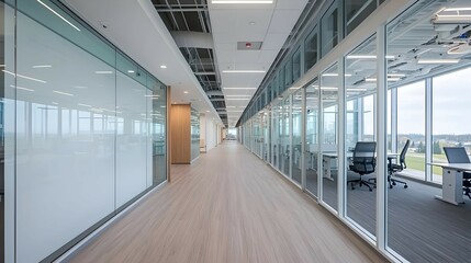Obraz premium Modern Office Corridor with Glass Walls and Wood Floors