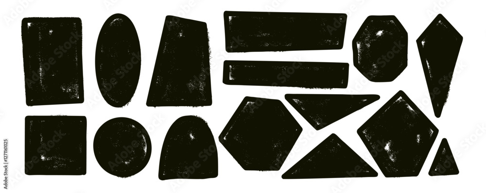 Poster paint spray geometric shapes with noise set. text boxes grainy textured frames pack. circle and squa