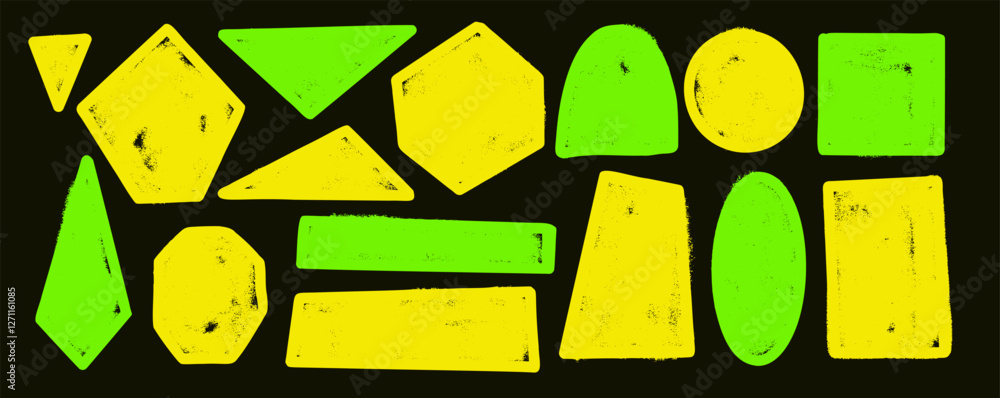 Poster paint spray geometric shapes with noise set. text boxes grainy textured frames pack. rounded and squ