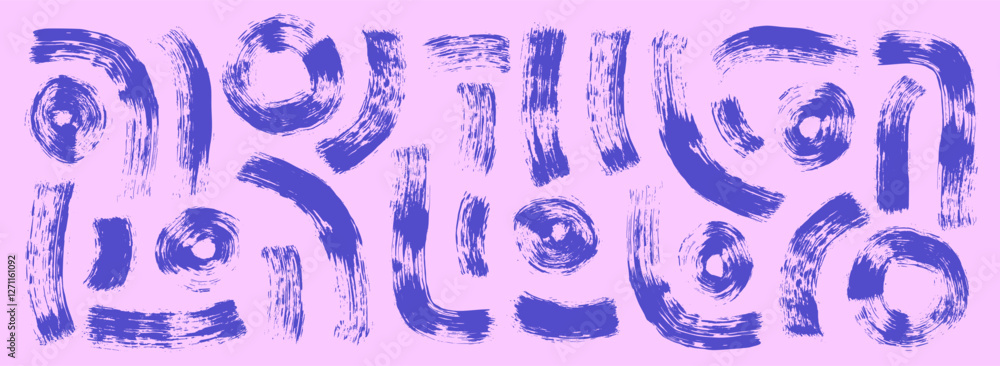 Poster brush stroke squiggle and circles ink lines. vector hand drawn wave round paint shapes composition. 