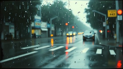 Wet rainy scene depicting drizzling rain and reflective surfaces. The image incorporates a dusty, scratched, scanned old film texture with added retro toning photo effects