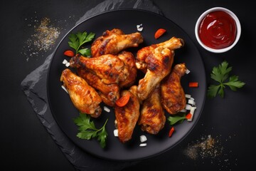 Fototapeta premium Top view of spicy grilled chicken wings with ketchup on black plate against dark background