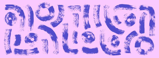 Brush stroke squiggle and circles ink lines. Vector hand drawn wave round paint shapes composition. Abstract curve arch and spirals graphic. Folk scribble dry paintbrush wobble wavy grunge.
