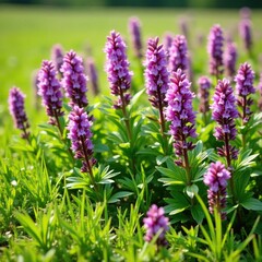 Obraz premium Dense purple Ajuga reptans flowers bloom in sunny summer field, purple, wildflowers, foliage