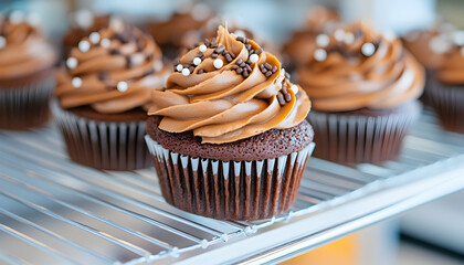 Delicious chocolate cupcakes with sprinkles on a rack, close-up for dessert ad