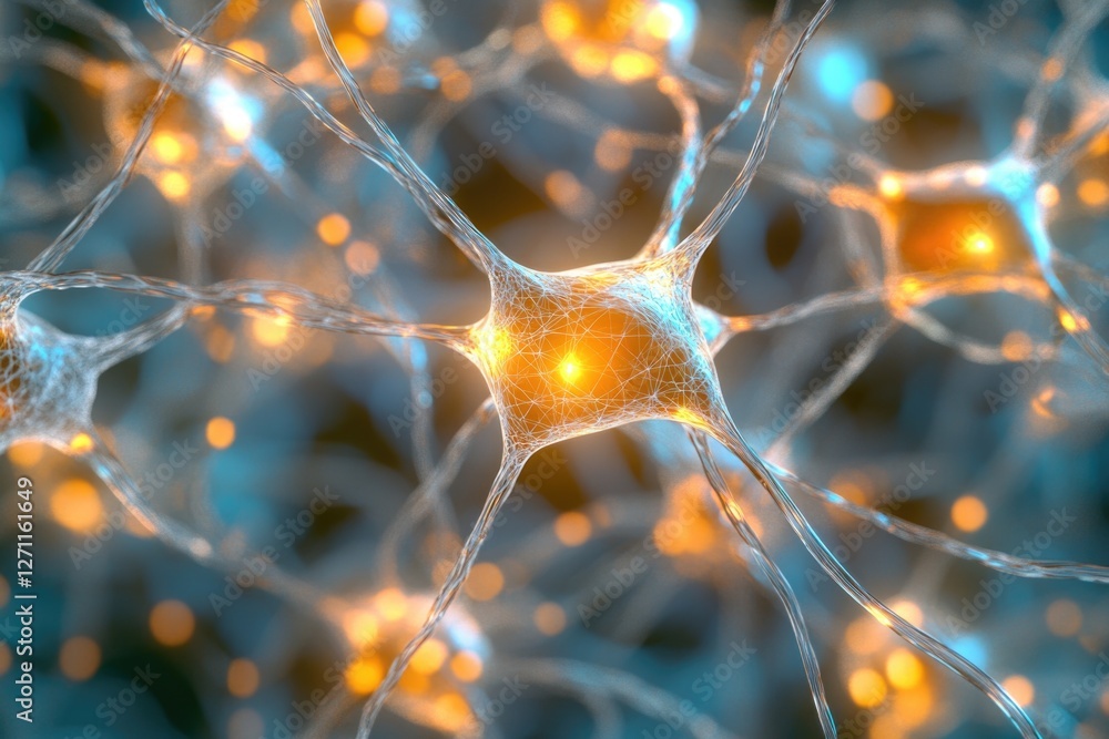 Poster Microscopic view of neuron cells with synapses and dendrites, often used in scientific and educational contexts