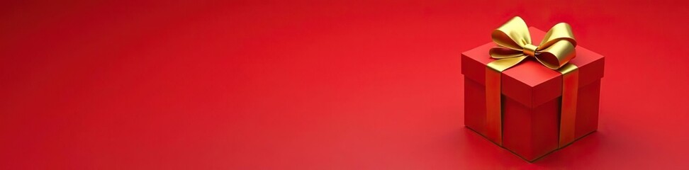 Gold bow and ribbon wrapped around a single red gift box, present, ribbon