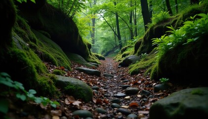 Rocky terrain with dense foliage and undergrowth, twigs, rocky terrain, bush