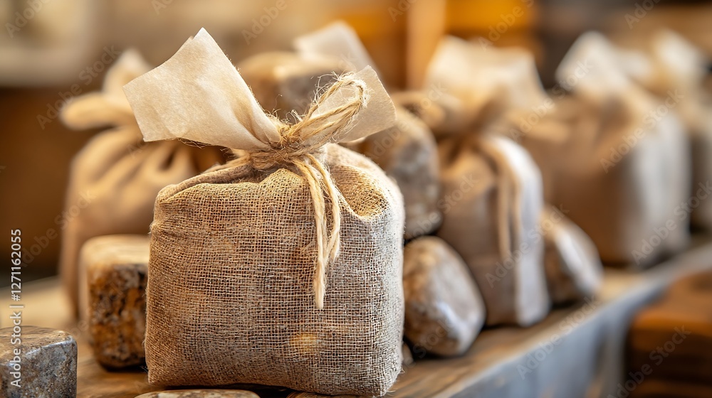 Poster Handcrafted burlap bags tied with twine creating rustic aesthetic in a warm and inviting market display : Generative AI