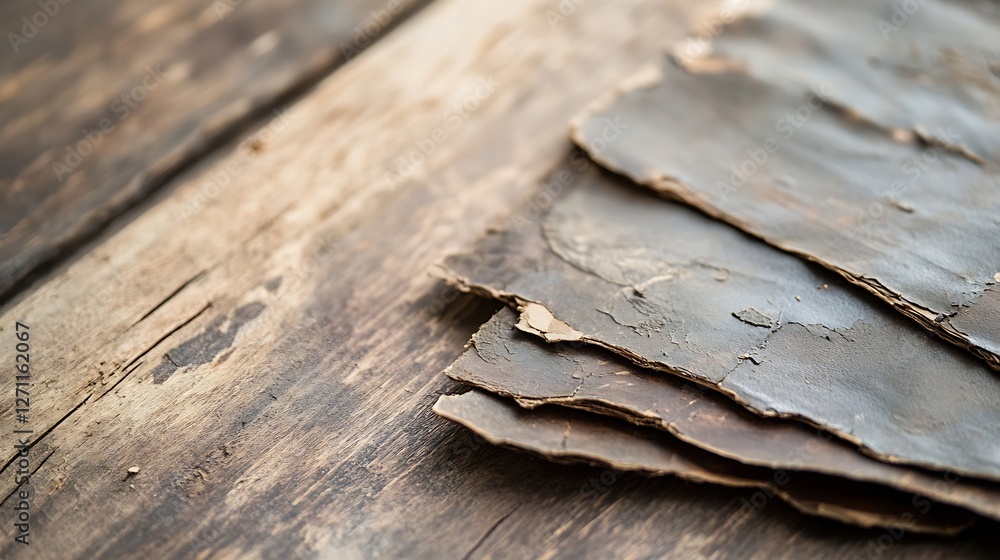 Aufkleber close up of layered bark resting on a weathered wooden surface showcasing natural textures : generat