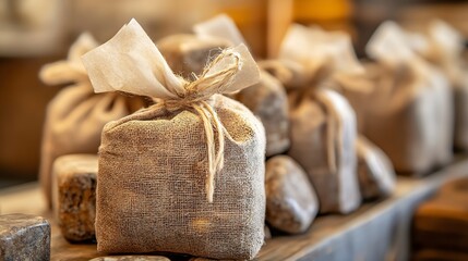 Handcrafted burlap bags tied with twine creating rustic aesthetic in a warm and inviting market display : Generative AI