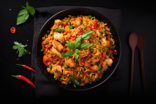 Top view of Szechuan Rice in a black bowl with bell peppers green beans carrots and chicken breasts on a dark slate background