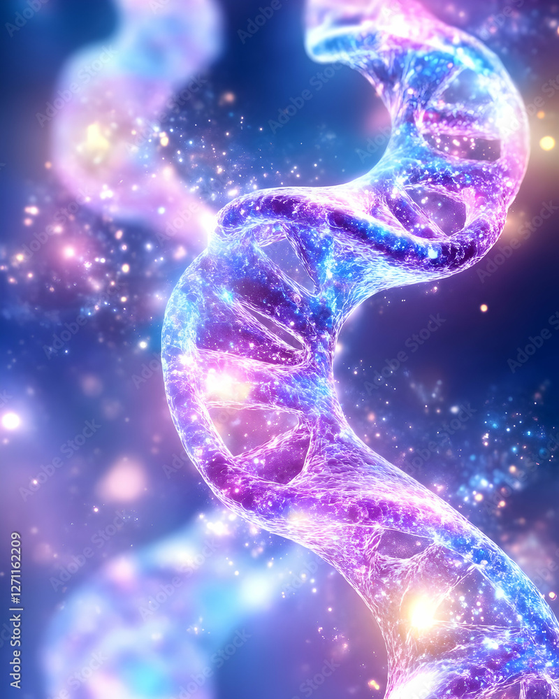 Poster dna strand helix structure closeup with glowing particles for science and research