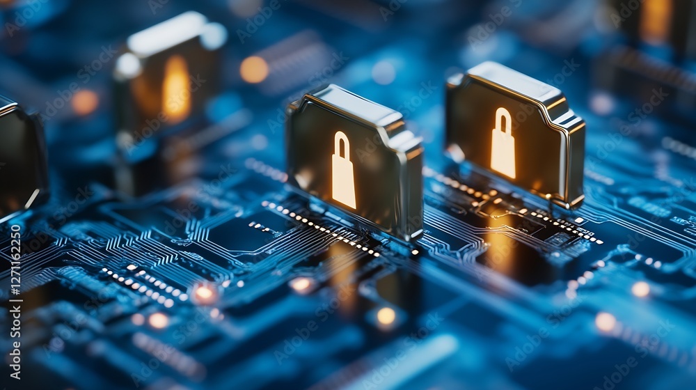 Poster Modern digital security concept with padlocks on circuit board background representing cybersecurity and data protection : Generative AI