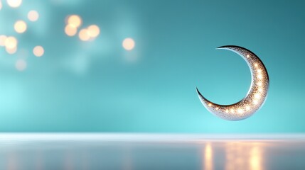 Shimmering crescent moon decoration against a soft blue background