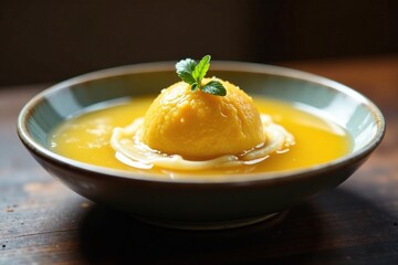 Sphere of spherified ravioli in a bath of frozen parsnip juice, frozen juice, pasta