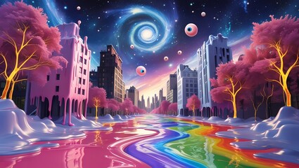 Fantasy City Skyline with Galaxy	 