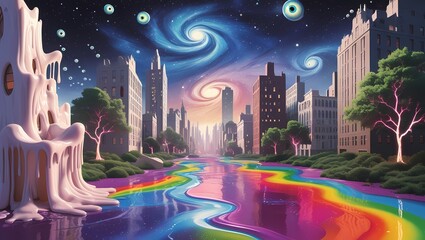 Fantasy City Park with Spiral Galaxy	