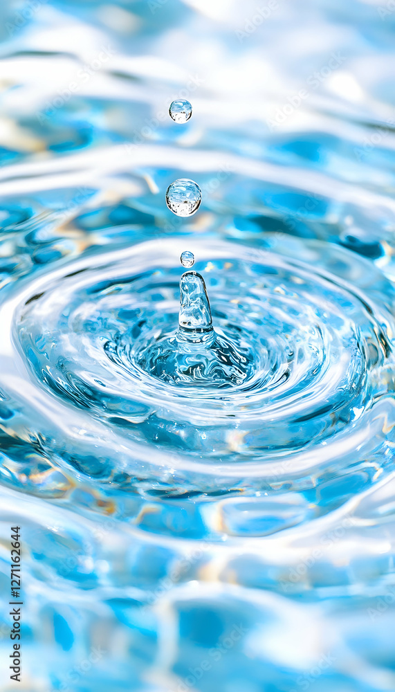 Poster droplet splashes in water creating ripples and patterns for use in water ads