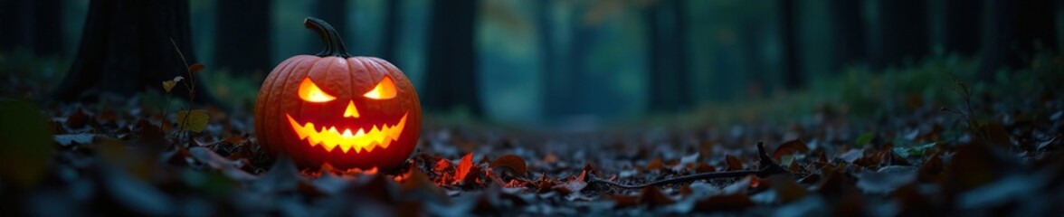 Fototapeta premium A pumpkin lantern glows with an otherworldly light amidst the forest foliage, pumpkin, dark