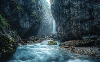 A fast-flowing mountain river cutting through a deep rocky canyon