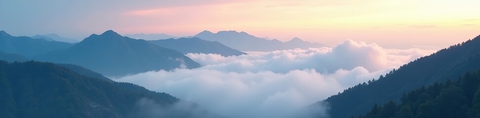 Obraz premium Clouds and fog rolling in over a tranquil mountain range, serene, mystical,